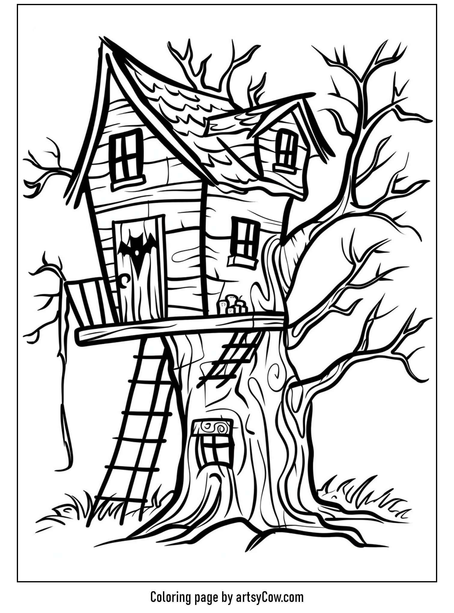 Scary halloween coloring pages haunted treehouse with crooked branches and eerie details.